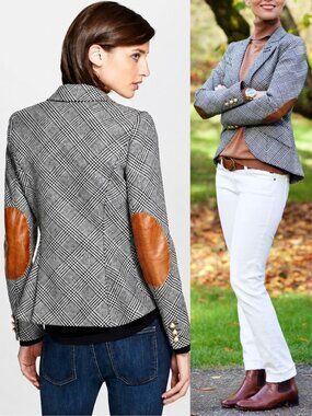 Smythe One Button Elbow Patch Blazer Houndstooth Wool Black White Plaid Size 10